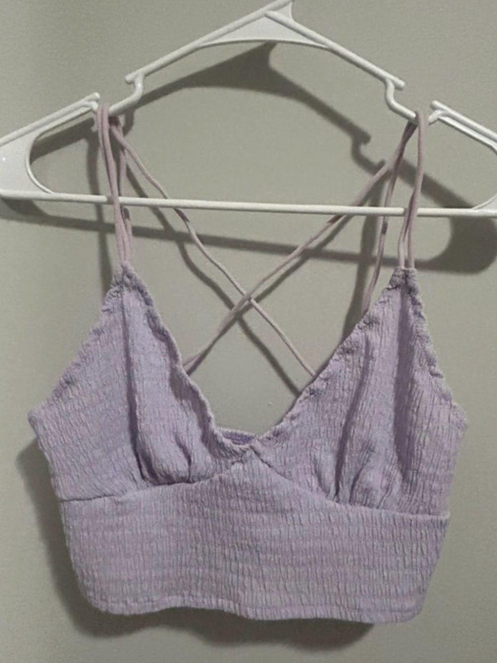 SHEIN Lavender Crinkle Crop Bralette with Crisscross Straps